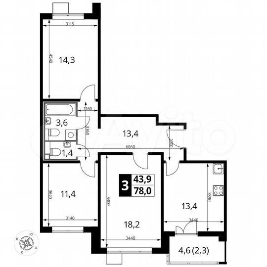 3-к. квартира, 78 м², 21/24 эт.