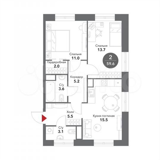 2-к. апартаменты, 59,6 м², 16/19 эт.