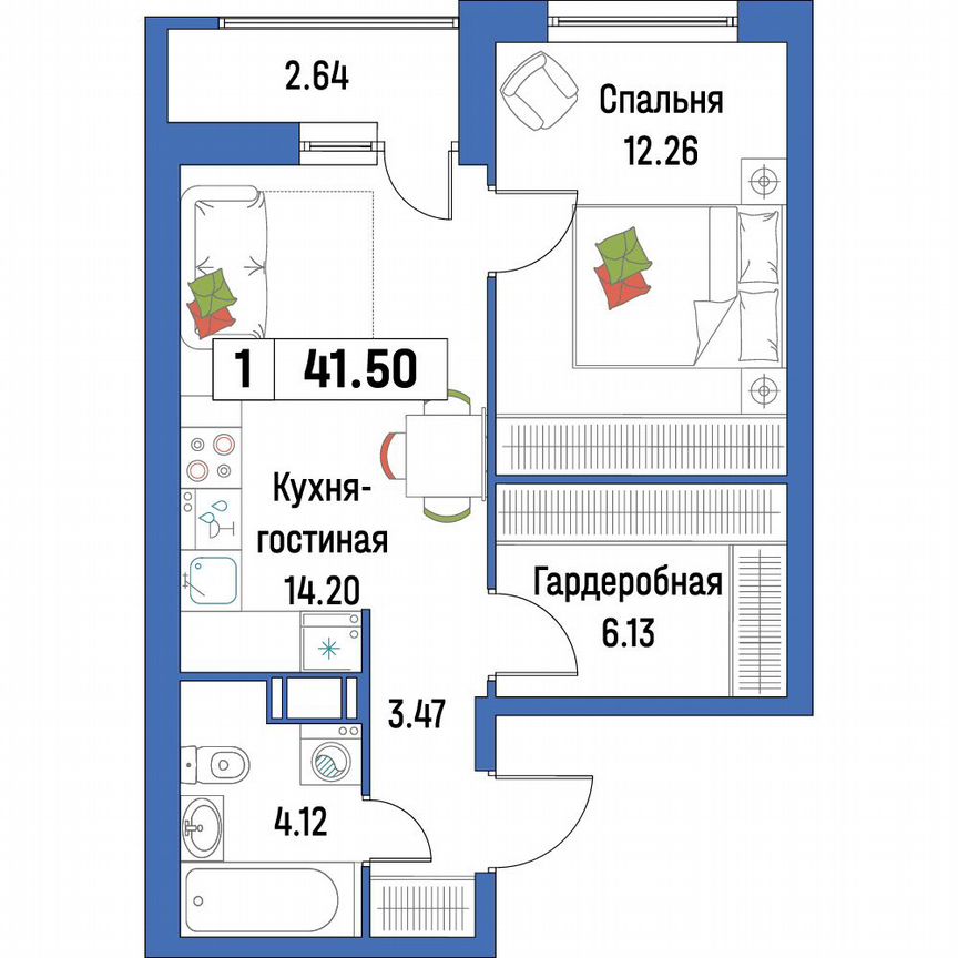 1-к. квартира, 41,5 м², 12/16 эт.
