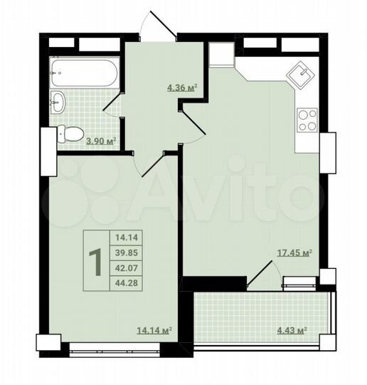1-к. квартира, 44,3 м², 7/25 эт.