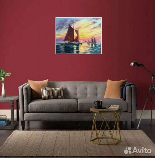 Картина маслом. Парусники на закате