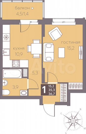 1-к. квартира, 36,7 м², 13/16 эт.
