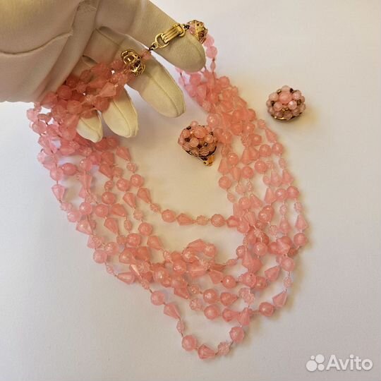 Винтажный комплект бусы клипсы розовый 1960е