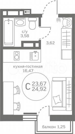 Квартира-студия, 23,7 м², 10/17 эт.