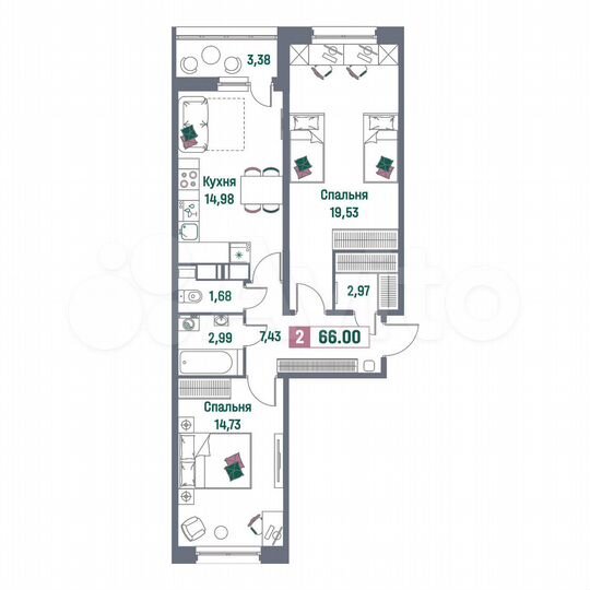 2-к. квартира, 66 м², 9/16 эт.