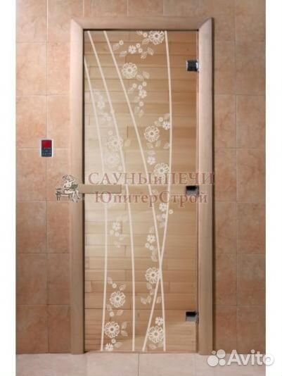 Дверь для сауны стеклянная Весна цветы (прозрачное