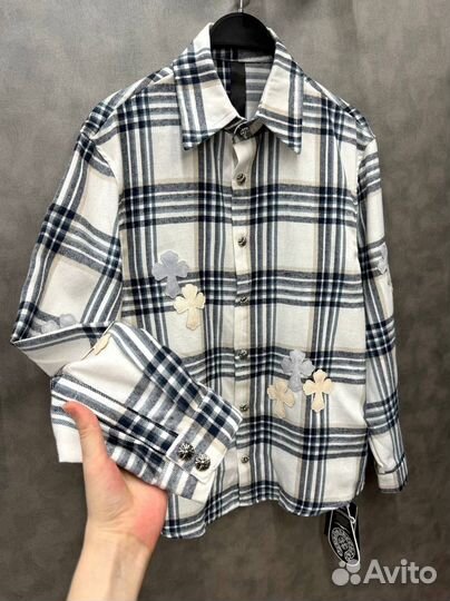 Рубашка Chrome Hearts белая в клетку оверсайз