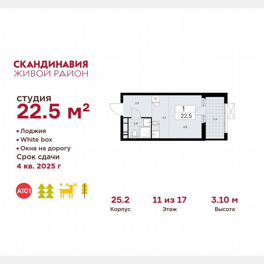 Квартира-студия, 22,5 м², 11/17 эт.