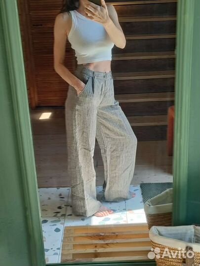 Брюки палаццо лен серый меланж 40-42