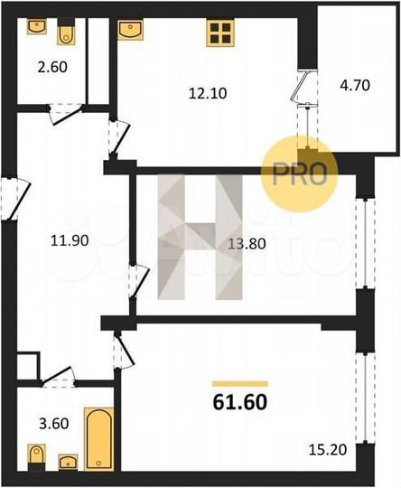 2-к. квартира, 61,6 м², 9/13 эт.