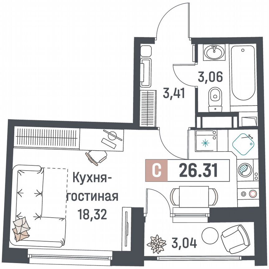 Квартира-студия, 26,3 м², 3/18 эт.