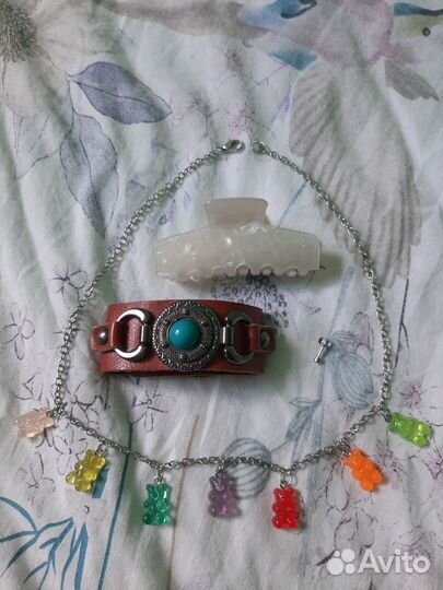 Крабик для волос браслет кожаный подвеска мишки