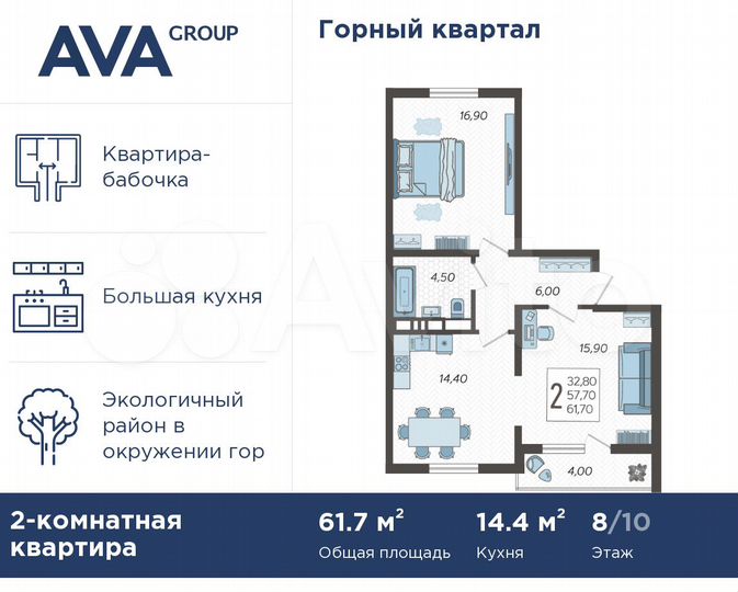 2-к. квартира, 61,7 м², 8/10 эт.