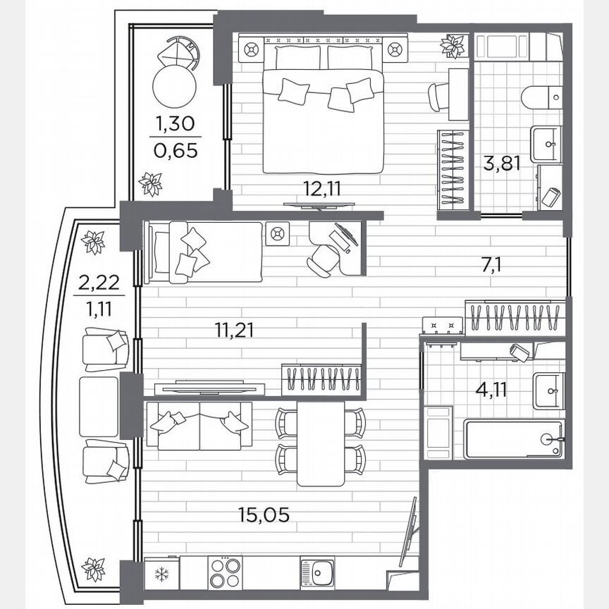2-к. квартира, 55,1 м², 6/13 эт.
