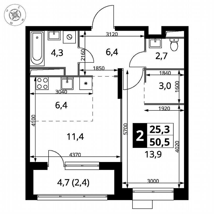 1-к. квартира, 50,5 м², 8/21 эт.