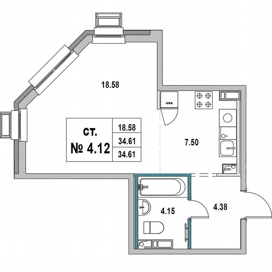 Квартира-студия, 34,6 м², 4/7 эт.