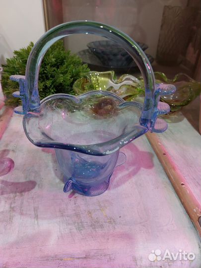 Ваза для фруктов цветное стекло Чехия