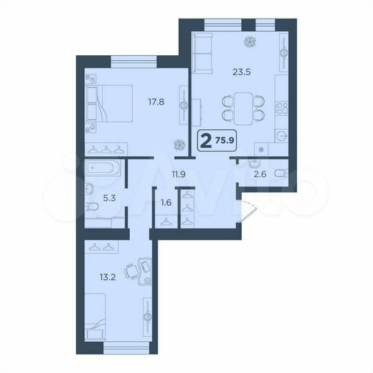 2-к. квартира, 75,9 м², 1/14 эт.
