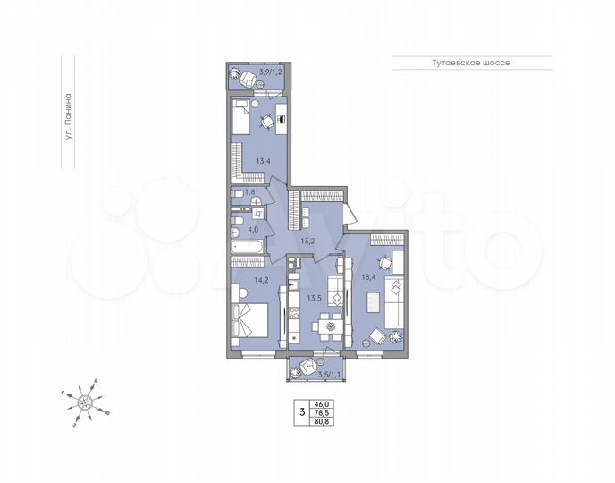 3-к. квартира, 80,8 м², 6/18 эт.