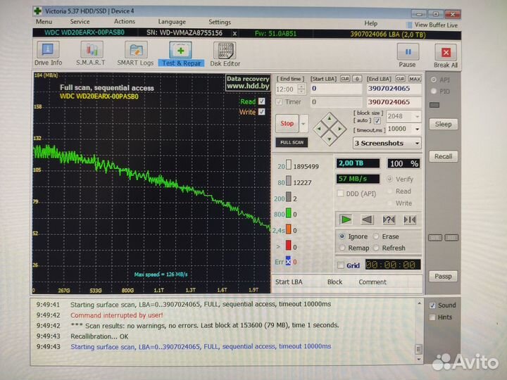 HDD WD Green 2 Тб меленький пробег, не китай