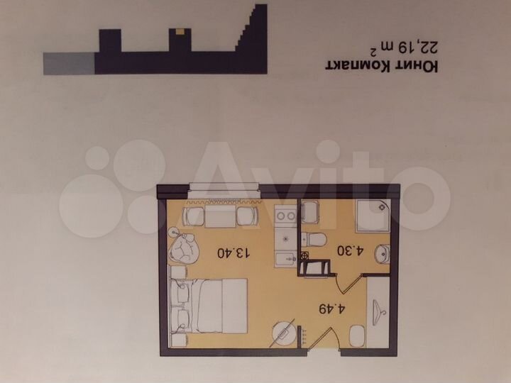 Апартаменты, 22.19 м²