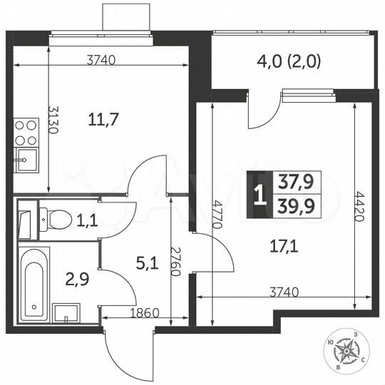 1-к. квартира, 40,1 м², 24/25 эт.