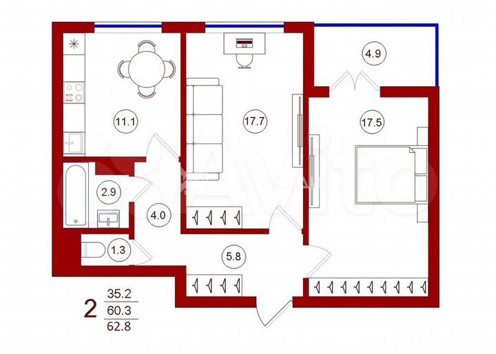 2-к. квартира, 62,8 м², 2/17 эт.