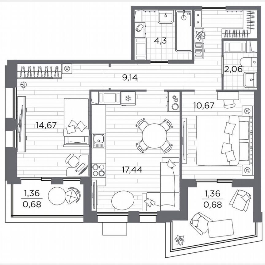 2-к. квартира, 59,3 м², 7/13 эт.