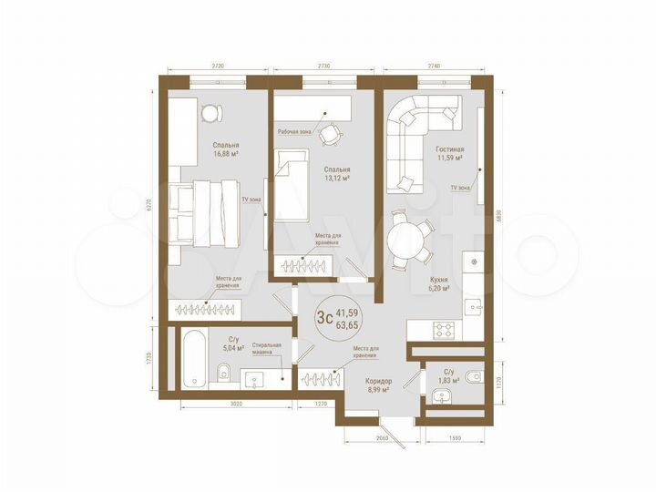 3-к. квартира, 63,7 м², 16/25 эт.