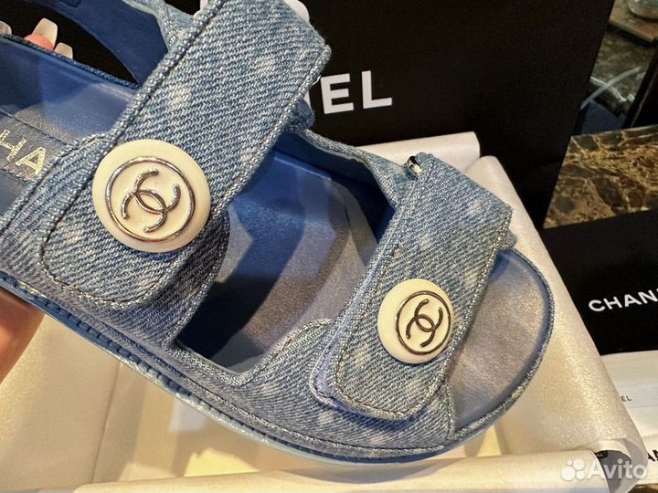 Сандалии chanel голубые джинсовые