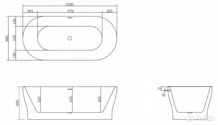 Ванна отдельностоящая акриловая BelBagno BB405 150x80, размер 150х80х60 см