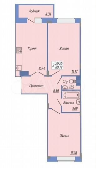 2-к. квартира, 60,8 м², 12/15 эт.