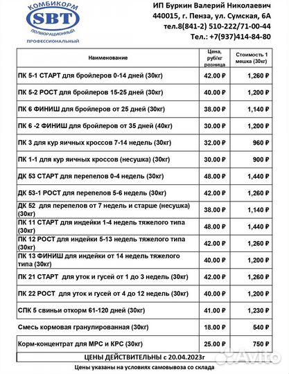 Комбикорм для бройлеров, несушки, индейки