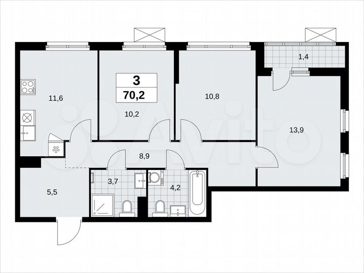 3-к. квартира, 70,2 м², 9/14 эт.