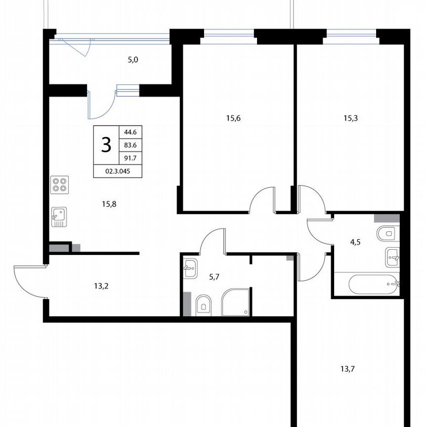 3-к. квартира, 91,7 м², 1/3 эт.