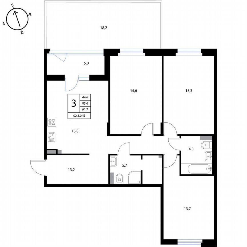 3-к. квартира, 91,7 м², 1/3 эт.