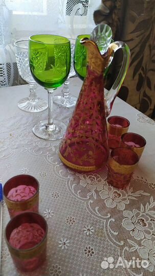Редкость Графин из красного хрусталя и 5 стопок