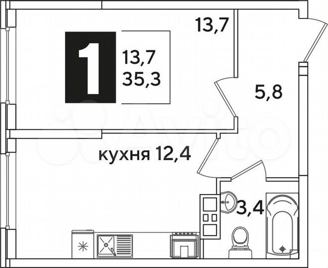 1-к. квартира, 35,3 м², 4/16 эт.