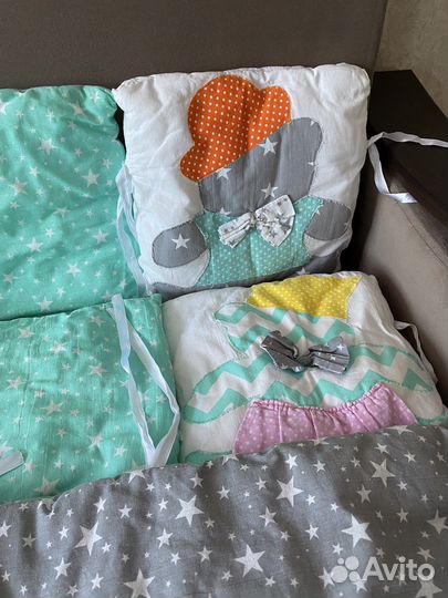 Бортики в кроватку, одеяло, подушка, простынь