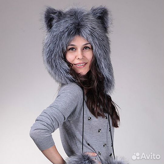 Шапка с ушками, Зверошапка Чернобурка с помпонами
