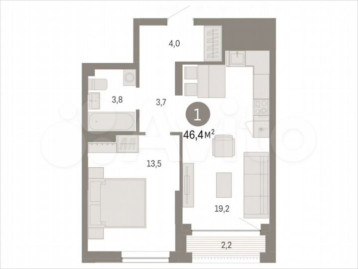 2-к. квартира, 46,4 м², 7/16 эт.