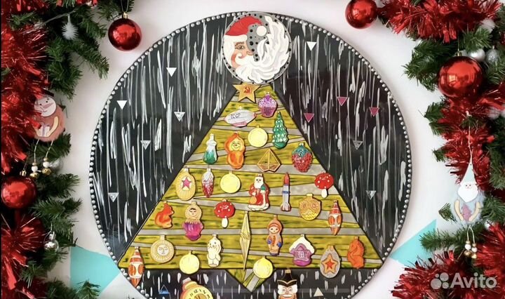 Круглая картина Елка - Елочные грушки СССР