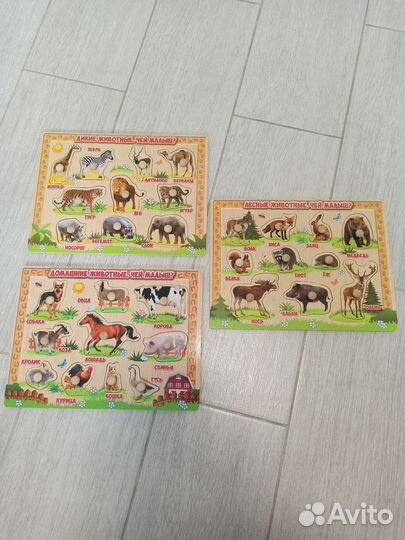 Деревянные игрушки животные, сортер, пазл