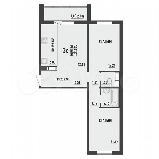 3-к. квартира, 58,1 м², 13/16 эт.