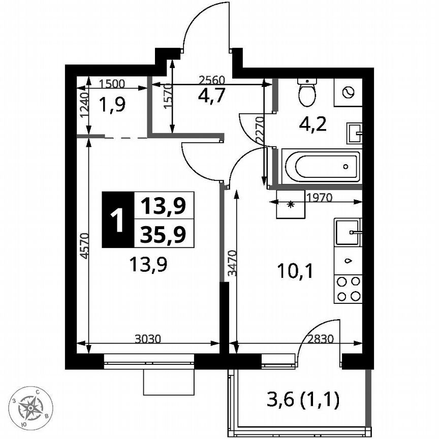 1-к. квартира, 35,9 м², 3/9 эт.