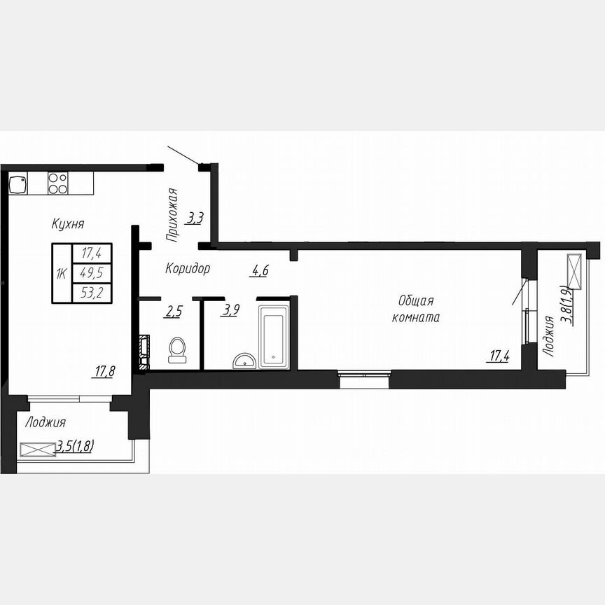1-к. квартира, 53,2 м², 2/17 эт.