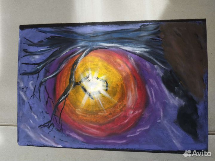 Картина масляной пастелью, фонарь ночью