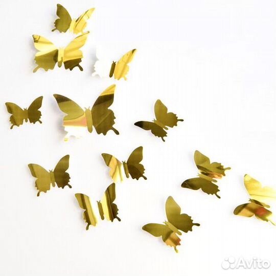 Набор зеркальных 3D бабочек 12 шт (золото)