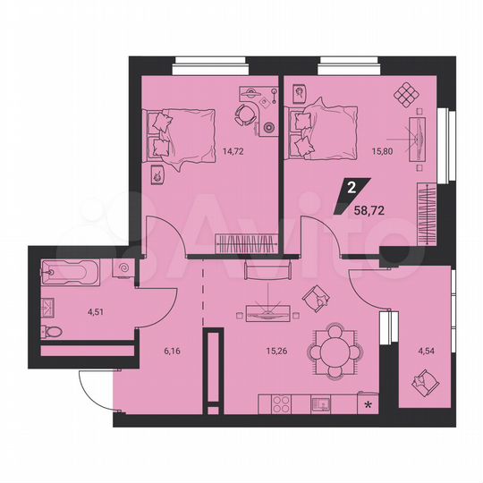 2-к. квартира, 58,7 м², 2/24 эт.
