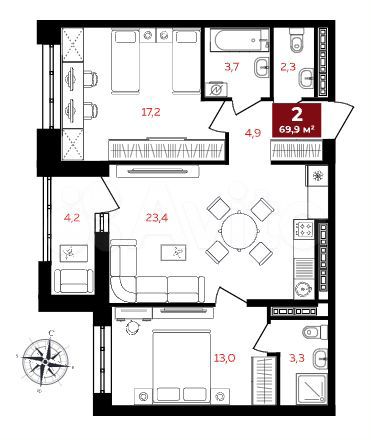 2-к. квартира, 69,9 м², 12/16 эт.